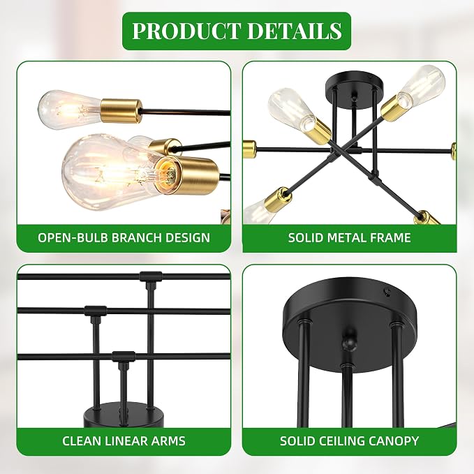 Modern Sputnik Chandelier Ceiling Light Fixtures, 6-Lights 22” Mid Century Industrial Metal Semi Flush Mount for Dining Room, Bedroom, Living Room-Black and Gold