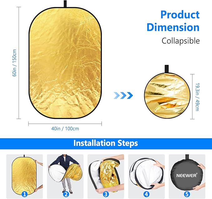 NEEWER 40"x60"/100x150cm Light Reflectors for Photography, Portable 5 in 1 Collapsible Multi Disc with Bag - Translucent, Silver, Gold, Black, White Diffuser for Studio and Outdoor Lighting