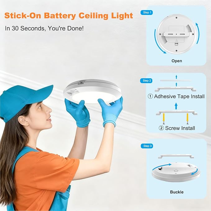 LED Motion Sensor Light Indoor, Battery Operated Ceiling Light | Wireless, Stick-on Under Cabinet Closet Light No Wiring, 210LM 6000K Daylight, for Hallway Shed Pantry, 2-Pack