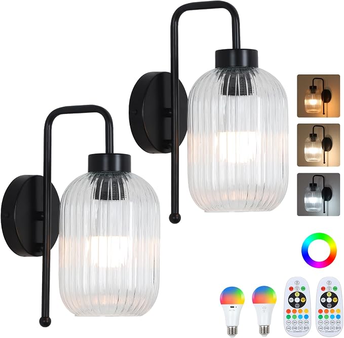 LAMSU Black Battery Operated Wall Sconces Set of 2, Wireless Wall Lights with Remote and Color Temperature Bulb, Rechargeable Cordless Wall Lamps with Clear Glass Shade for Bedroom Living Room