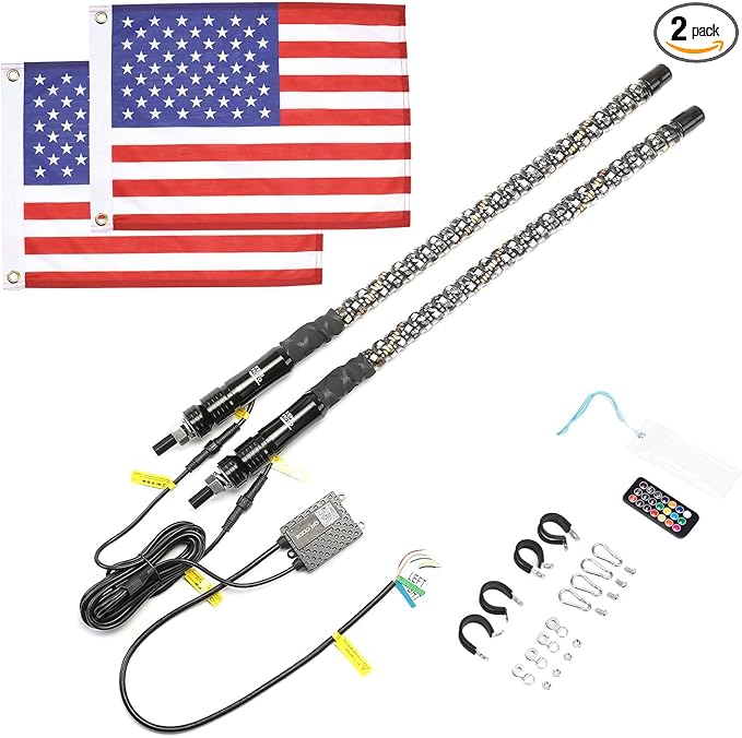 KEMIMOTO 2pc 2ft Spiral Whip Lights for Side by Side, Smart Phone Control LED Whip Lights for UTV ATV Buggy Boat Offroad Compatible with Polaris RZR Can-Am Maverick X3 Sportsman