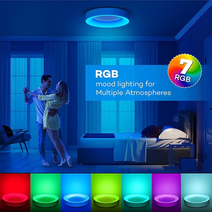 RGB Flush Mount Ceiling Light with Remote Control, 2400LM Dimmable Ceiling Light Fixture, 3000K-6500K Modern Low Profile Ceiling Lights for Bedroom Kids Room, 11in White