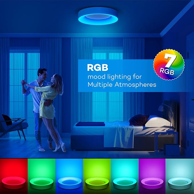 Annaror RGB LED Flush Mount Ceiling Light with Remote Control, 11 Inch Color Changing Light Fixture Dimmable, 3000K-6500K Modern Low Profile Ceiling Lights for Bedroom Kids Room, White