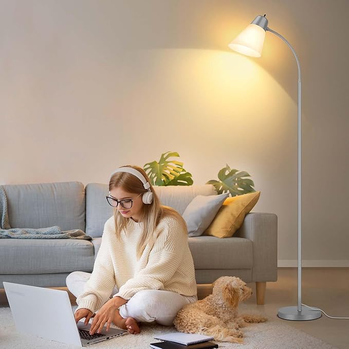 Floor Lamp for Living Room, Adjustable Standing Room Lamp with White Plastic Shade, Grey Reading Floor Lamps for Dorm, Bulb not Included