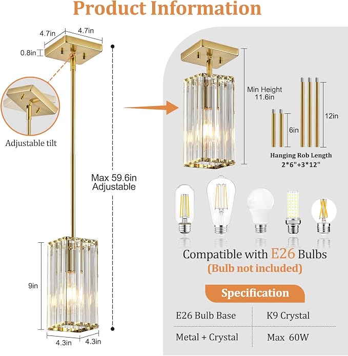 Modern Crystal Pendant Lights Kitchen Island, 1-Light Brushed Gold Hanging Light with Clear Crystal Shade, Adjustable Height Pendant Lighting for Kitchen Island Dining Room Bedroom Bar Entryway