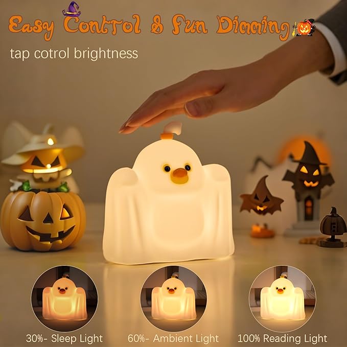 Ghost Duck Night Light for Kids, Cute Halloween Decor Squishy Lamp, Fun Weired Gag Ducky Gifts, Rechargeable Dimmable Bedside Animal Lamp, Baby Room Boys Girls College Dorm Trendy Stuff