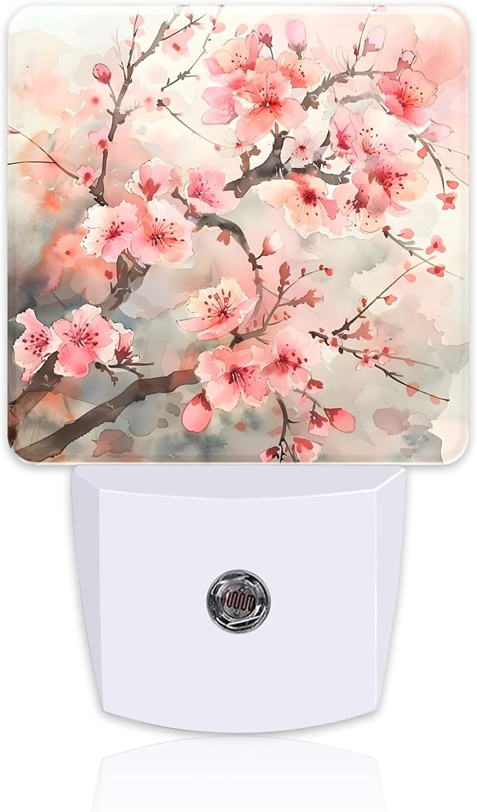 Cherry Blossom Tree Night Light Plug into Wall,Pink Watercolor Cherry Blossom Flowers Dusk to Dawn Night Light Plug in,0.5w Energy Saving NightLight for Kids Boys Girls Home Decor