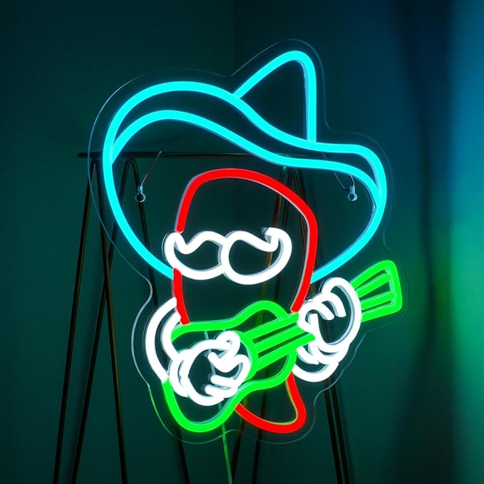 Cowboy Guitar Neon Sign Chili Pepper LED Light Bar Wall Decor | Mexican Pepper LED Neon Light, Dimmable Chili Pepper Guitar Design for Pubs, Home Bars, Man Caves, Parties, Clubs,Game Rooms