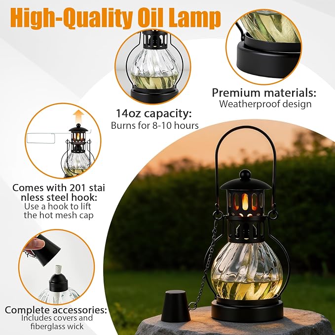 1 Pcs Glass Table Top Torches, 14 oz Citronella Torches for Outside | Features hanging handles, Refillable Flame Light Torch, Decorative Tabletop Lantern for Yard, Patio, Garden, Party, Landscape