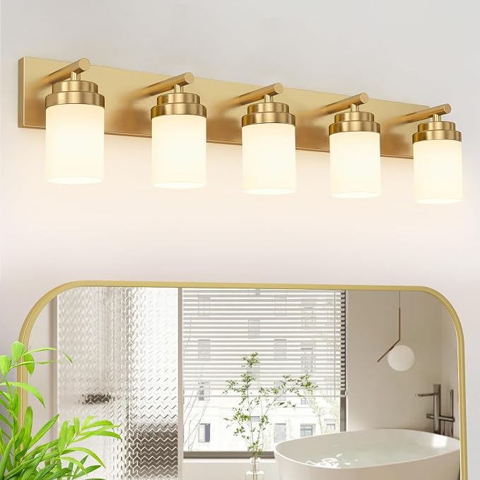 IZORRO Bathroom Vanity Light Fixture, 5-Light 36 Inch Gold Bathroom Light Fixtures Over Mirror, with White Glass Shade, Modern Farmhouse Vanity Lights, Rustic Restroom Lighting Fixtures