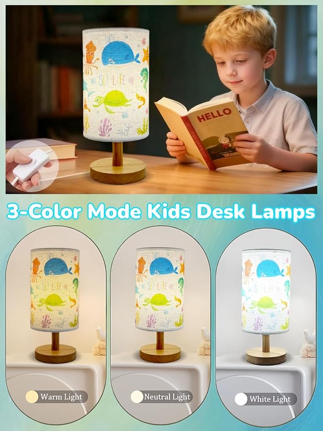 Ocean Lamp,Ocean Kids Table Lamp for Bedroom Bedside Lamps,Gifts for Sea Lovers-3 Color LED Nightstand Night Light with Cartoon Flaxen Fabric Shade Desk Lamp for Girls Boys Room Nursery Decor