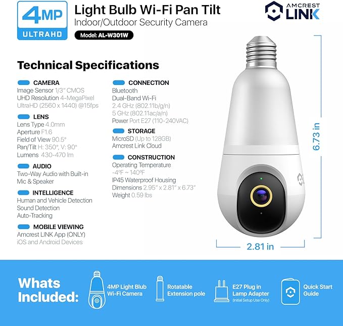 Amcrest Link 4MP Light Bulb WiFi Indoor/Outdoor Camera, Human Detection, 90.5° FOV, Pan/Tilt, IP45, AI Night Color, 2.4GHz/5GHz Dual Band Camera, Supports MicroSD Storage up 128GB