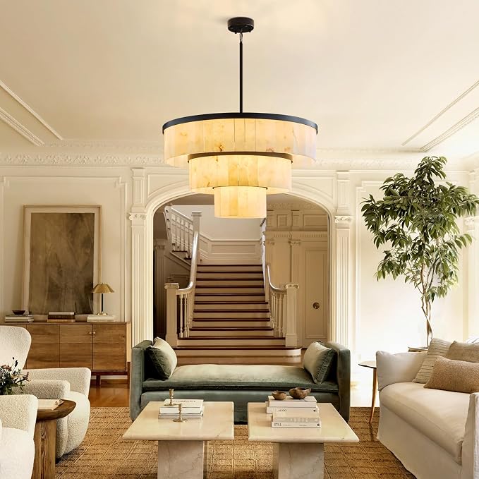 D34.3 Round Alabaster Chandelier, 3-Tier Brass Marble High Ceiling Chandeliers, Modern Dining Room Chandeliers Living Room Light for Entryways, Foyer, Stair, Kitchen Black(Include Bulbs)