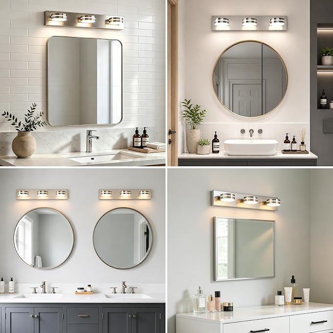 3-Light Bathroom Vanity Light 23.62in Brushed Nickel Vanity Light | 5CCT 18W LED Bathroom Light Fixtures Over Mirror,Dimmable 360°Rotate for Makeup Vanity Table Bathroom Mirror Bedroom