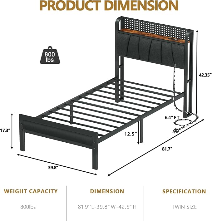 Twin Size Bed Frame with Storage Shelf and Upholstered Headboard | Metal Platform Bed with LED Light, Charging Station and Heavy Duty Slats, No Box Spring Needed, Noise Free & Easy Assembly