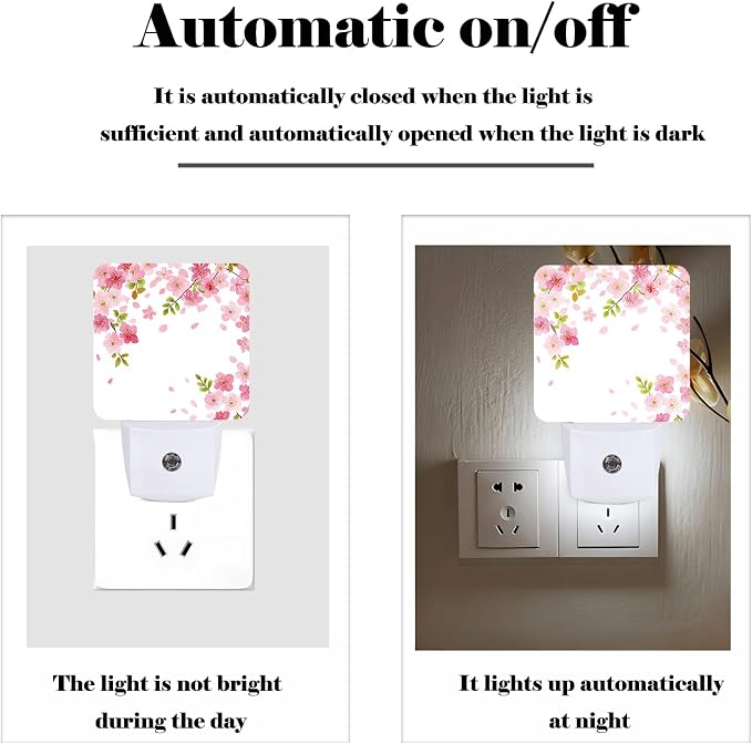Cherry Blossoms Night Light,Spring Flower Plug Into Wall Decor for Stairway,Hallway,Kitchen,Dusk to Dawn Sensor Nightlights for Boys/Girls/Women/Men Room Gifts
