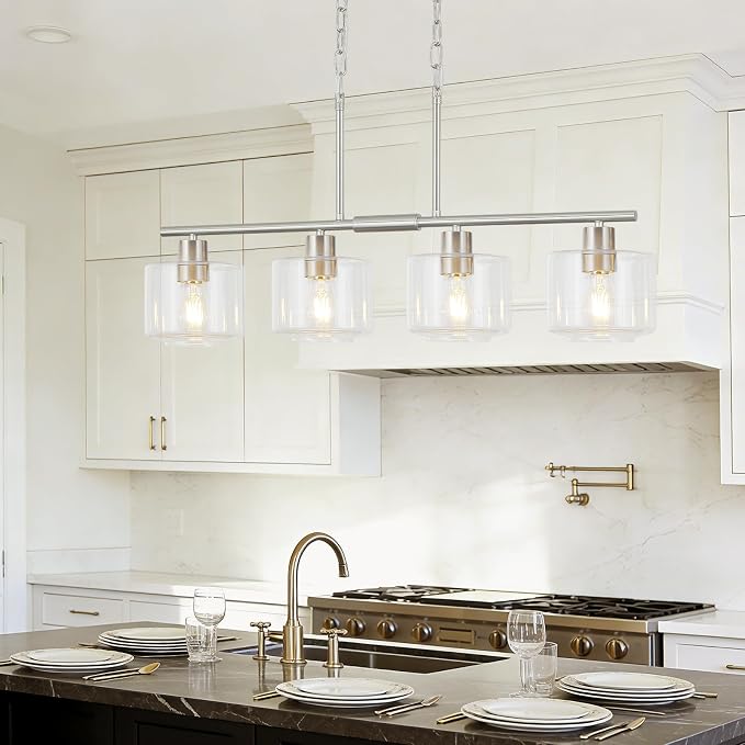 4-Light Brushed Nickel Kitchen Island Lighting, Modern Linear Dining Room Chandelier Light Fixtures with Clear Glass and Chain, Mid Century Hanging Lights for Kitchen Island, OS-YQ8153-4ISBNC