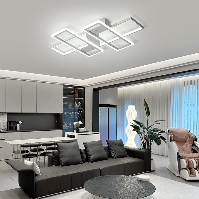 GEADI 35.4" Modern LED Ceiling Light, Dimmable White Flush Mount Chandelier | 80W 4-Square Geometric Ceiling Lamp with Remote, 3000K-6500K Dimming, Memory, 4800 Lumens, Low Profile for Bedroom, Kitchen