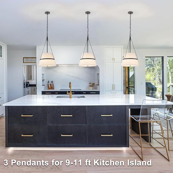 15.35" Black Drum Chandelier, White Linen Pendant Light for Kitchen Island | Modern Transitional, 4-Light, 3 Side Chains, for Dining Room, Breakfast Nook, Home Office, Adjustable Heigh 15.35"W x 28.35"H