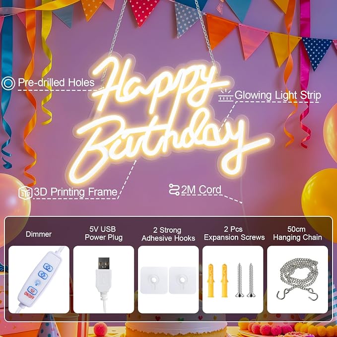 FARNY Happy Birthday Neon Sign for Wall Decor, LED Happy Birthday Light Up Sign, Dimmable LED Birthday Neon Light for Birthday Party Decorations Backdrop,Warm White 16.5"x 12"