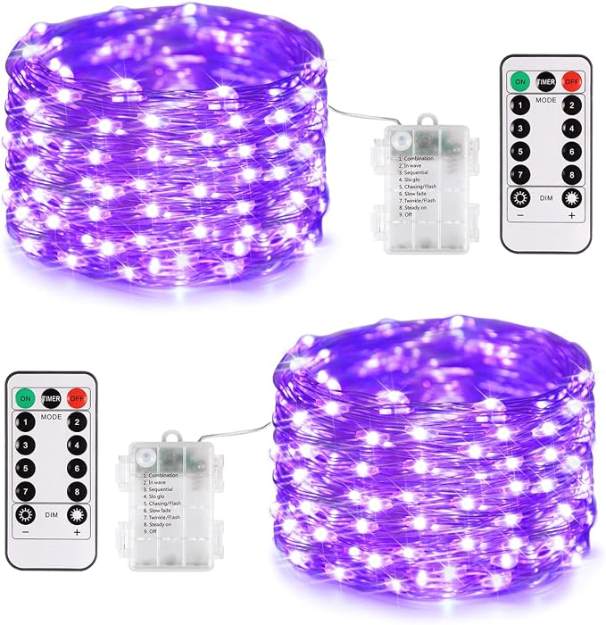 JMEXSUSS 2 Pack Halloween Fairy Lights Battery Operated, Total 200 LED 66ft | Purple, Christmas Lights with Remote, 8 Modes Twinkle String Lights for Halloween, Tree, Mantel, Indoor, Outdoor Decorations