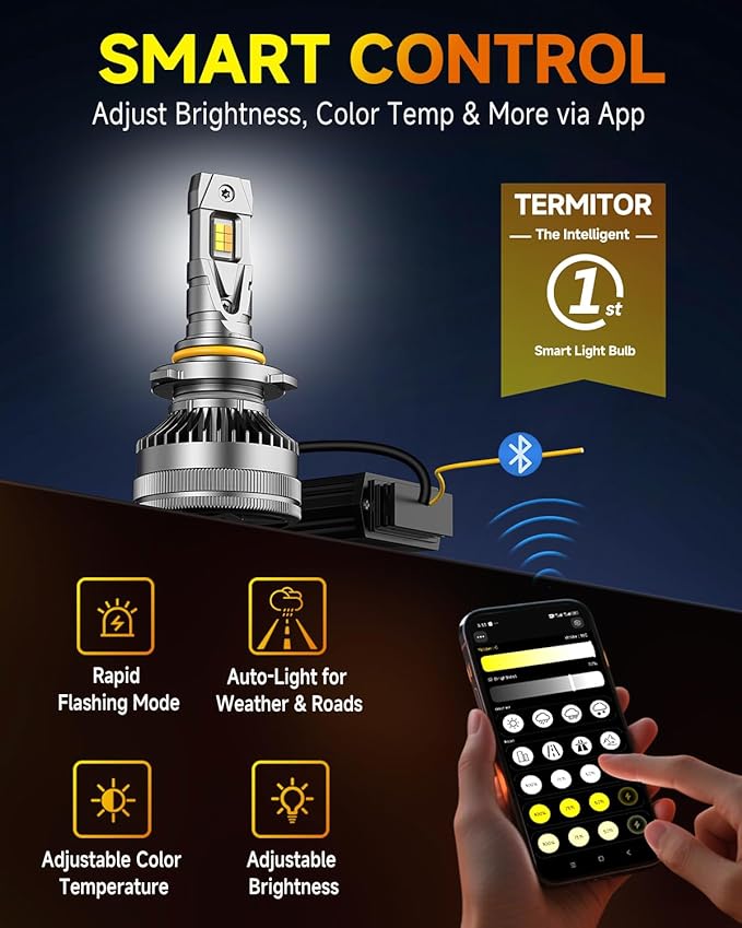 9005/HB3 Smart Bulbs, 0-90,000LM 15X Variable Super Brighter, 3000K-6500K Variable Color Temperature, App Control One-touch Driving Mode Switching for Bluetooth Fog Light, Pack of 2
