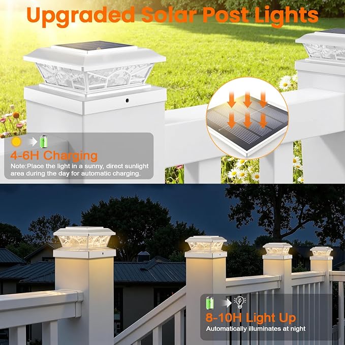 4x4 3.5x3.5 Solar Post Cap Lights 6-Pack White | 2 Modes (Warm/Cool White), 16LEDs, for Wooden/Vinyl Posts, IP65 Waterproof, Outdoor, for Fence, Deck, Patio, Yard, Porch