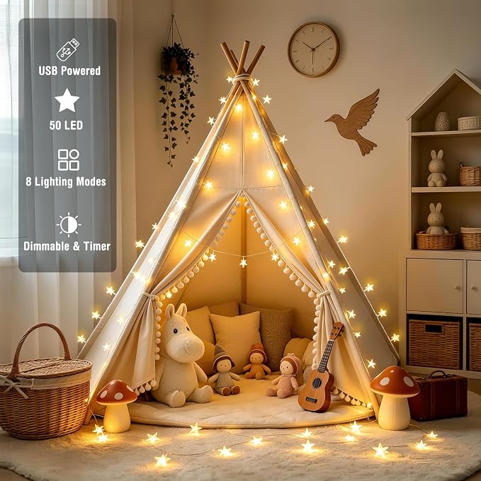 JMEXSUSS 50 LED 16.4Ft USB Star String Lights for Bedroom | Star Fairy String Lights, Remote Control, Waterproof, Indoor Use, Tent Loft Bed Classroom Dorm Decor, Warm White
