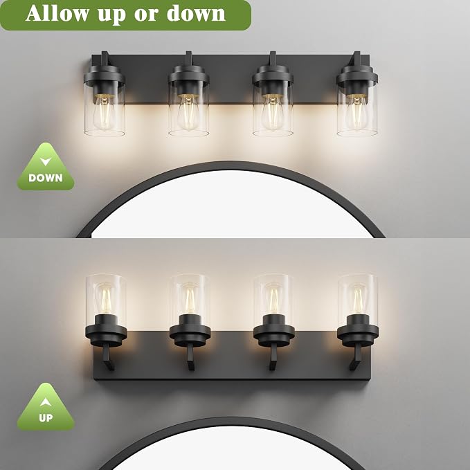 Bathroom Vanity Light, 4 Light Matte Black Vanity Light with Clear Glass Shade, 30in Farmhouse Vanity Light, Bathroom Lighting Fixtures Over Mirror for Bathroom