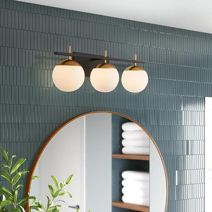 Mid Century 3-Light Bathroom Vanity Light Over Mirror, Black and Gold Modern Bathroom Light Fixtures with Milky White Frosted Glass Globe Shade, Wall Sconces for Bathroom, Stairs, Kitchen