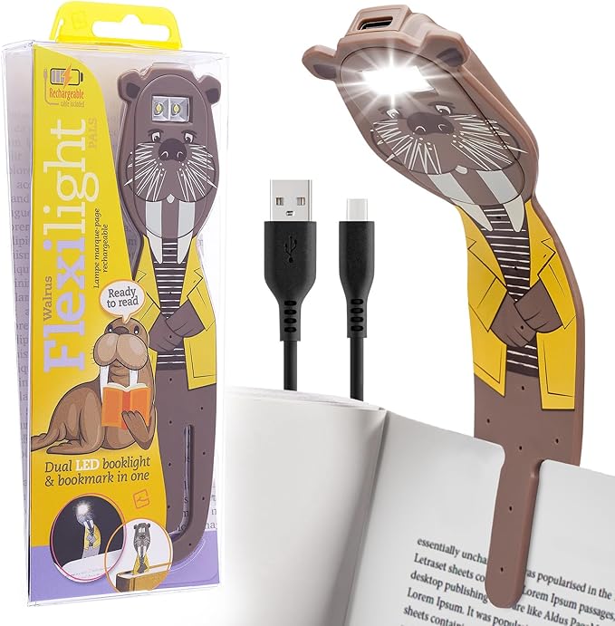 Gifts for Readers & Writers Rechargeable Book Light for Kids, Clip On Reading Light for Bed, 2in1 Flexilight Pals & Bookmark, 12 Hours of Light Once Charged, Includes USB Cable & 2 LED Lights, Walrus
