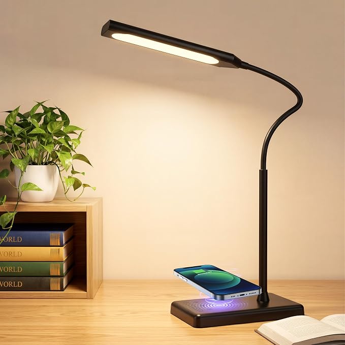 LED Desk Lamp for Office Home, Wireless Charger Desk Lamp | 12W Eye-Caring Desk Light, 600LM Reading Light for Desk, 5 Color Modes 6 Brightness Levels Lamp for Study, Workbench