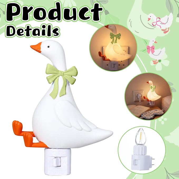 Gerrii Silly Goose Night Light Plug in Green Bow Decorative LED Night Lights Dusk to DAW Cute Goose Decor for Nursery, Kids Bedroom, Bathroom, Birthday Gift Nightlight