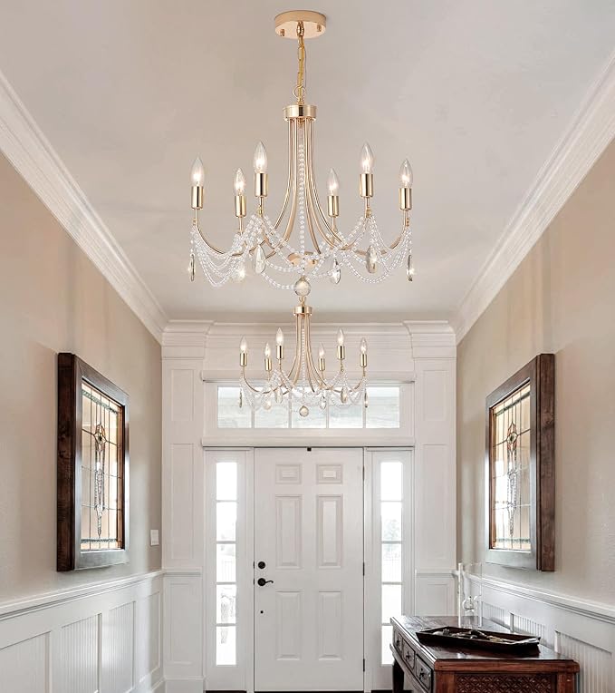 Crystal Chandelier with Pale Amber Gold Crystal, Modern Crystal Candle Hanging Pendant Lighting, French Country Gold Crystal Chandelier for Ceiling Medallions,Wedding,Dining,Kitchen,Foyer,Bedroom