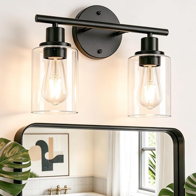 LEDVANCE Sylvania Modern Bathroom Light Fixture with 2 Clear Glass Shades, Iron with Black Finish, E26 Medium Base, Vanity Lights for Bathrooms, Foyers, Entryways - 1 Pack (67971)