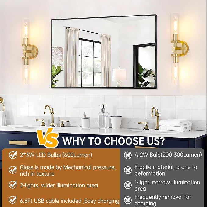 Shenmoyl Battery Operated Wall Sconces Set of Two,21" Gold Rechargeable Wall Lighting Fixtures, Dimmable Wall Lights with Remote & Clear Glass Shade for Living Room,Bathroom,Bedroom