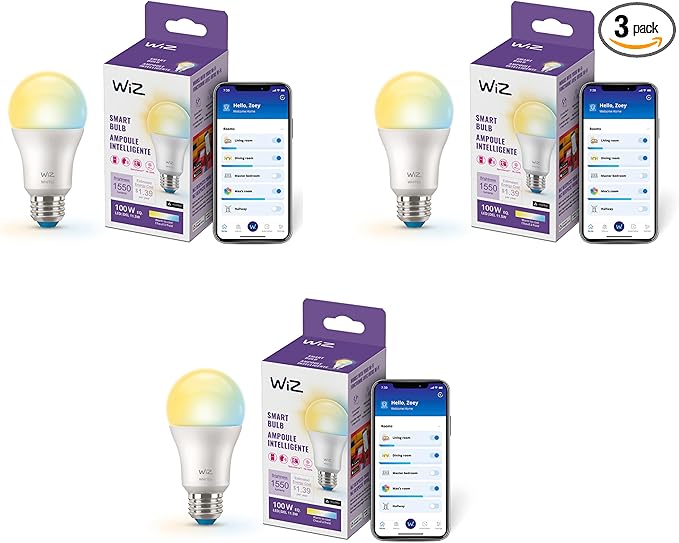 WiZ Connected 100W A19 LED Smart Light Bulbs Tunable White 3-Pack- Connects to Wi-Fi - E26 Smart Bulb - Voice or App Control + Activate with Motion - Matter Compatible