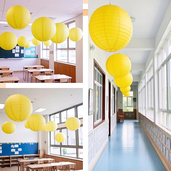 Chinese Paper Lanterns for Birthday Party Decorations – Hanging Rainbow Lanterns for Ceiling Decor, Classroom, Wedding, and Home Party – Pack of 18,Lemon Yellow(8/10/12-Inch)