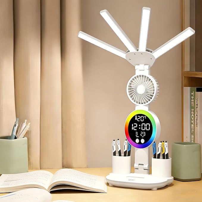 6-in-1 Led Desk Lamp Adjustable Foldable Table Lamp with Fan, Clock, Dates, Temperature, Pen Holder, 3 Color & Stepless Dimming, Reading Lamp for Study Table Work Office