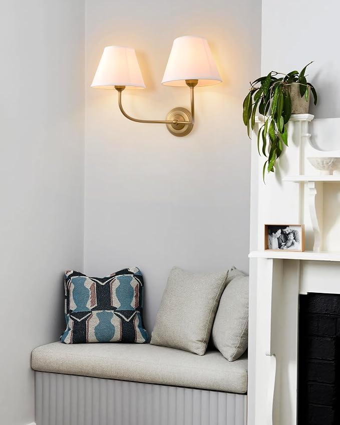 Vintage 2-Lights Fabric Sconces Wall Lighting with White Cloth Shade, Double Arm Wall Lamp Fixture for Living Room Bathroom Bedroom Hallway