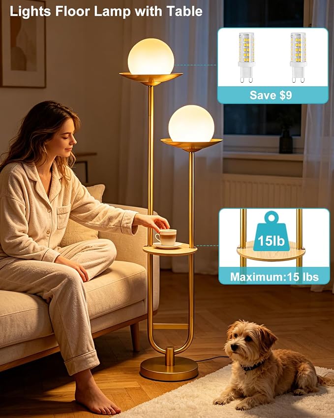 Lightdot 63IN 2 Globe Gold Floor Lamp Mid Century Standing Lamps Dimmable with 3000K Warm White LED Bulbs Unique Vintage Tall Floor Lamp with 5Lbs Heavy Base for Living Room/Wedding/Party
