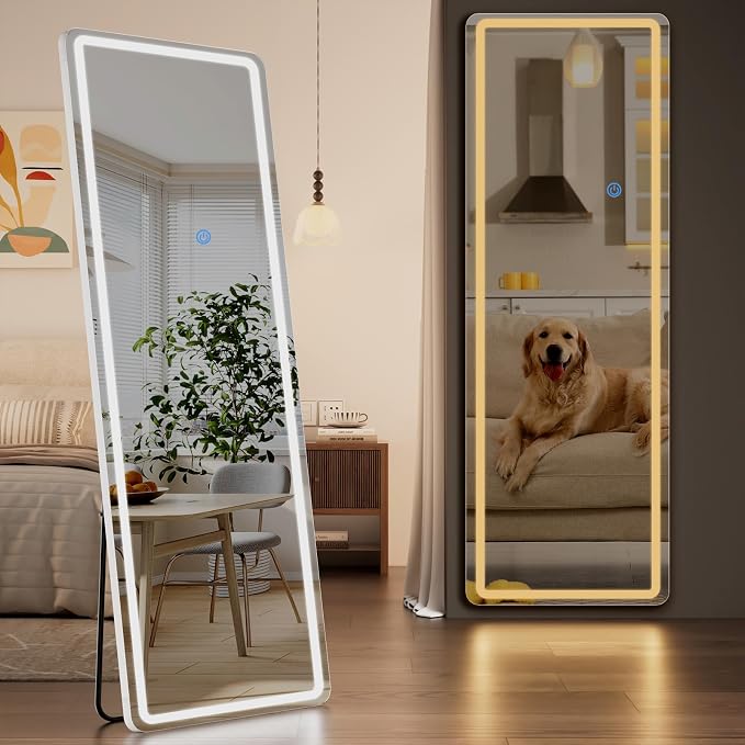 Koonmi Full Length Mirror with LED Lights, 68"x26" Lighted Mirror with Dimming & 3 Color Lighting, Big Mirror for Bedroom, Dressing Room, Rectangle,White