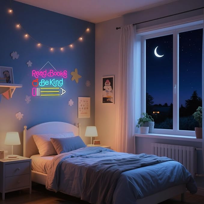 Read Books Be Kind Neon Sign Adjustable Brightness Student LED Neon Light Light Up Colorful Neon Sign Suitable for Classroom Study Room Library Bookstore