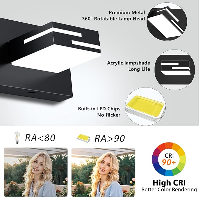 LED Modern Bathroom Vanity Light Fixtures, Dimmable Matte Black Vanity Lights for Bathroom Lighting Fixtures Over Mirror, with 360° Rotatable Acrylic Heads 2-Light 16-inch 5CCT