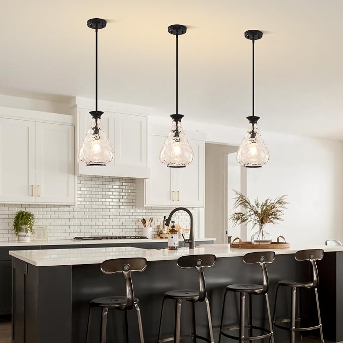 2 Pack Modern Pendant Lights Kitchen Island, Matte Black Pendant Light Fixtures with 8.5" Clear Hammered Glass Shade, Industrial Hanging Pendant Lights Fixture for Kitchen Island Dining Room Entryway