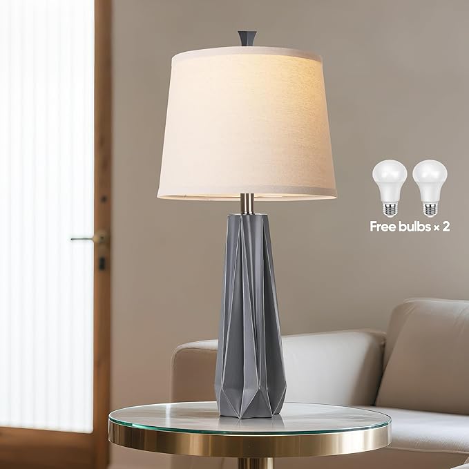 WIHTU 3 Color Temperature Table Lamps Set of 2, 27'' Grey Modern Table Lamp for Living Room, Beside Lamp with Linen Shade, Resin Desk Lamp for Nightstands Bedroom Decor (2 Bulbs Included)