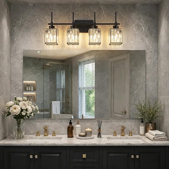 Torondo Modern Crystal Bathroom Vanity Light 4-Lights Matte Black Bathroom Light Fixtures Over Mirror Matte Black Vanity Lighting Fixtures Square Shade Brass Wall Sconce (Bulbs Not Include)