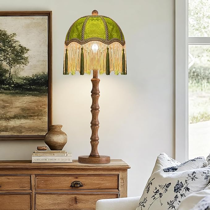 ILLMTW Vintage Table Lamp for Bedroom Living Room,Fringe Bedside Lamps Dimmable Boho Bedroom Lamp with Flower Green Lamp Shade,Mid Century Retro Tassel Unique Wood Small Nightstand Lamp Tiffany Decor
