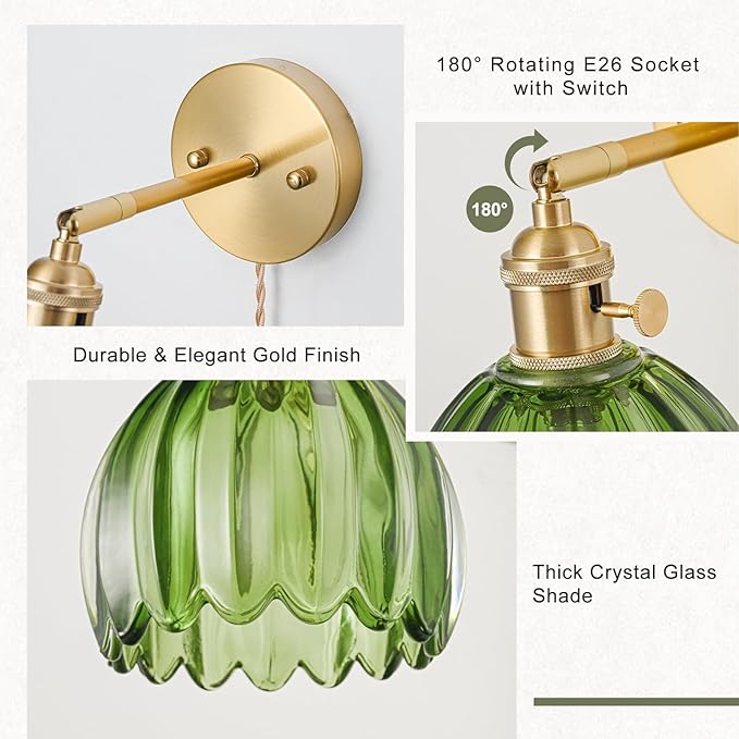 Plug in Wall Sconce, Vintage Sconce Light with Tulip Green Glass Lampshade, Bedside Wall Sconce with Switch and Plug in Wall Lamp Cord, Gold Wall Light for Bedroom