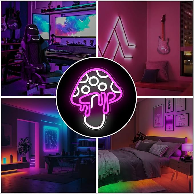 Mushroom Neon Sign Dimmable Led Neon Light Cute Neon Mushroom Sign Night Light 3d Wall Art Mushroom Neon Signs For Wall Decor Game Room Bedroom Decor Holiday Gift For Children Kids Girl (Pink)